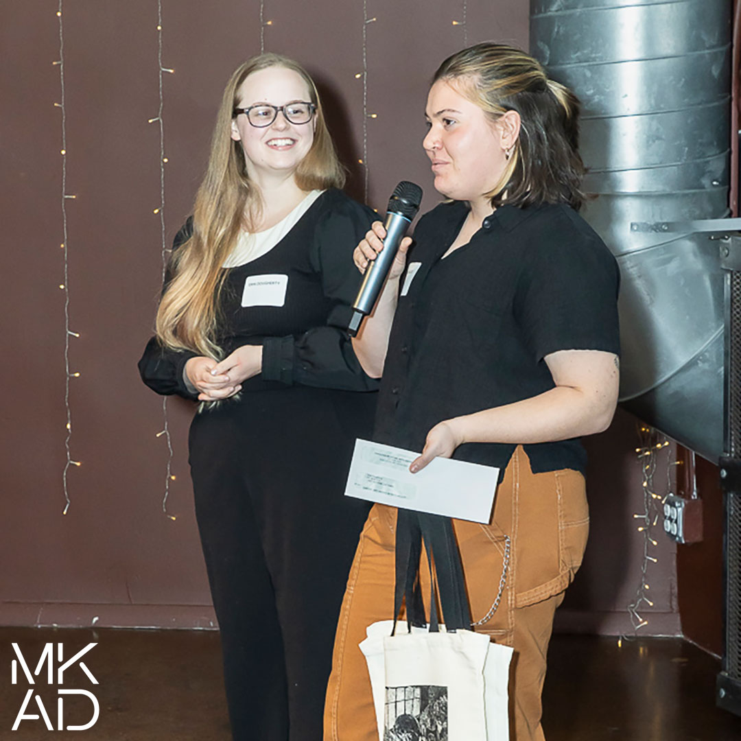 Erin Dougherty (left) and Kaya Keller (right) delivering their acceptance speech at the 2024 MKAD Soiree. Picture by Michael Torres.